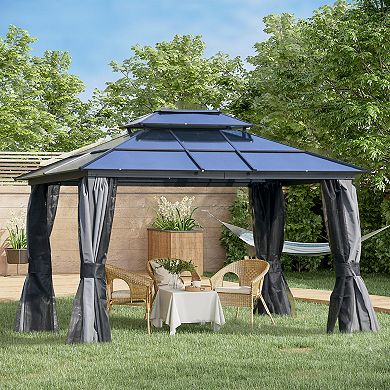 10' X 10' Patio Gazebo, Netting Curtains, Aluminum Frame, 2 Tier Pc Roof, Grey