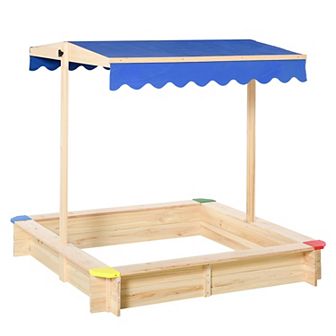 Outsunny Kids Sandbox with Covered Protection Under Adjustable Canopy, Wooden Sandbox Backyard Toy Outdoor Activity, 47" L x 47" W x 47" H, Natural & Blue