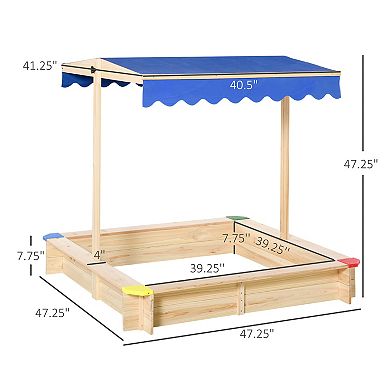 Outsunny Kids Sandbox with Covered Protection Under Adjustable Canopy, Wooden Sandbox Backyard Toy Outdoor Activity, 47" L x 47" W x 47" H, Natural & Blue