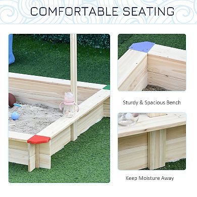 Outsunny Kids Sandbox with Covered Protection Under Adjustable Canopy, Wooden Sandbox Backyard Toy Outdoor Activity, 47" L x 47" W x 47" H, Natural & Blue