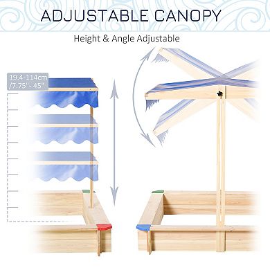 Outsunny Kids Sandbox with Covered Protection Under Adjustable Canopy, Wooden Sandbox Backyard Toy Outdoor Activity, 47" L x 47" W x 47" H, Natural & Blue