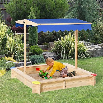 Outsunny Kids Sandbox with Covered Protection Under Adjustable Canopy, Wooden Sandbox Backyard Toy Outdoor Activity, 47" L x 47" W x 47" H, Natural & Blue