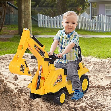 HOMCOM NO POWER 3 in 1 Ride On Toy Excavator Digger Scooter Pulling Cart Pretend Play Construction Truck