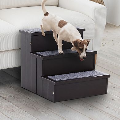 PawHut 3 Step Wooden Carpeted Non Slip Pet Stairs Ramp for Cats and Small Dogs White