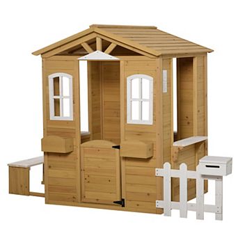 Outsunny Outdoor Playhouse for kids Wooden Cottage with Working Doors Windows and Mailbox Pretend Play House for Age 3 6 Years