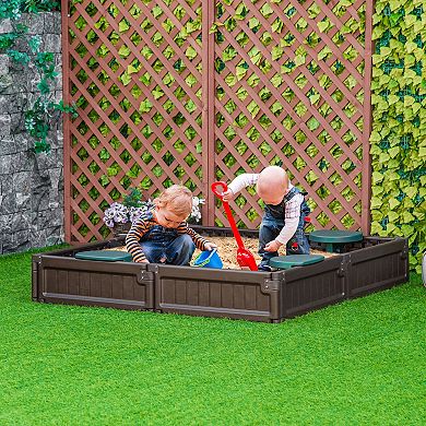Outsunny Shape-Shifting Reconfigurable Outdoor Kids Sandbox with Covering Liner, Plastic Sandbox Backyard Toy Outdoor Activity, Brown