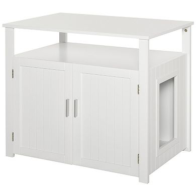 PawHut Wooden Cat Litter Box Enclosure Furniture with Adjustable Interior Wall and Large Tabletop for Nightstand White