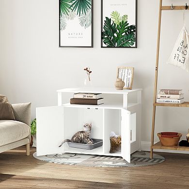 PawHut Wooden Cat Litter Box Enclosure Furniture with Adjustable Interior Wall and Large Tabletop for Nightstand White
