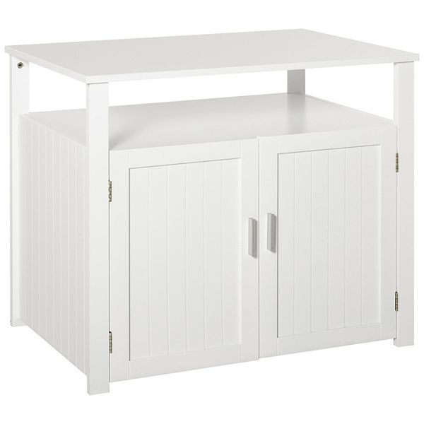 PawHut Wooden Cat Litter Box Enclosure Furniture with Adjustable Interior Wall and Large Tabletop for Nightstand White - White