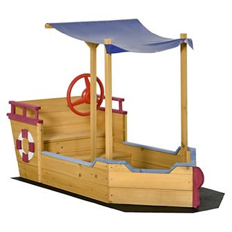 Outsunny Kids Wooden Sandbox Play Station Covered Children Sand boat Outdoor for Backyard w/ Canopy Shade Storage Bench Bottom Liner Aged 3 8 Years Old Orange