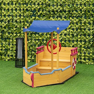 Outsunny Kids Wooden Sandbox Play Station Covered Children Sand boat Outdoor for Backyard w/ Canopy Shade Storage Bench Bottom Liner Aged 3 8 Years Old Orange