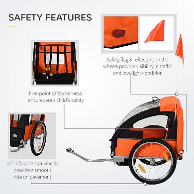 Aosom 2 Seat Kids Child Bicycle Trailer with a Strong Steel Frame 5 Point Safety Harnesses and Comfortable Seat Orange