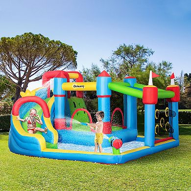 Outsunny 5 in 1 Kids Inflatable Bounce Castle Theme Jumping Castle Includes Slide Trampoline Pool Water Gun Climbing Wall with Carry Bag Repair Patches