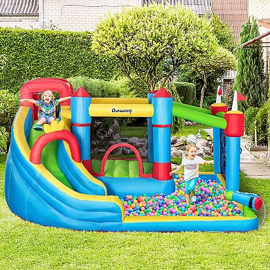 Outsunny 5 in 1 Kids Inflatable Bounce Castle Theme Jumping Castle Includes Slide Trampoline Pool Water Gun Climbing Wall with Carry Bag Repair Patches