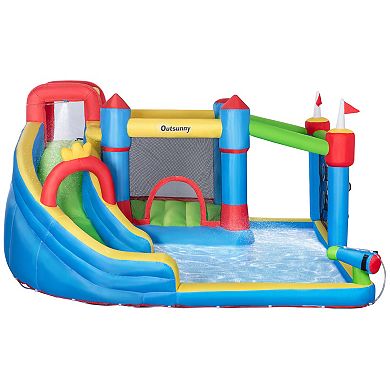 Outsunny 5 in 1 Kids Inflatable Bounce Castle Theme Jumping Castle Includes Slide Trampoline Pool Water Gun Climbing Wall with Carry Bag Repair Patches