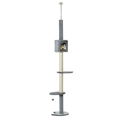 PawHut 85" Cat Tree Height Adjustable Floor to Ceiling 4 Tier Kitty Climbing Activity Center Condo Cat Toy with Scratching Post Hanging Balls Play Rest Post Pet Furniture Grey