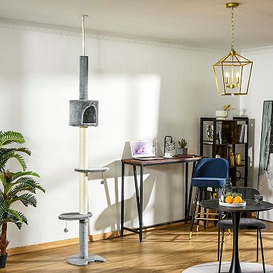 PawHut 85" Cat Tree Height Adjustable Floor to Ceiling 4 Tier Kitty Climbing Activity Center Condo Cat Toy with Scratching Post Hanging Balls Play Rest Post Pet Furniture Grey