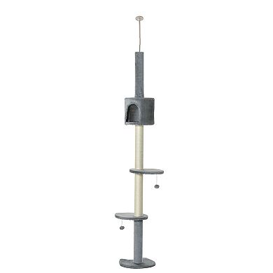 PawHut 85" Cat Tree Height Adjustable Floor to Ceiling 4 Tier Kitty Climbing Activity Center Condo Cat Toy with Scratching Post Hanging Balls Play Rest Post Pet Furniture Grey