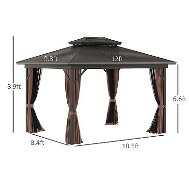 Outsunny 10' x 10' 2 Tier Aluminum Hardtop Patio Gazebo Canopy with Breathable Mesh Netting and Privacy Sidewalls Black and Dark Brown