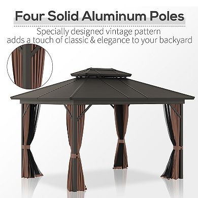 Outsunny 10' x 10' 2 Tier Aluminum Hardtop Patio Gazebo Canopy with Breathable Mesh Netting and Privacy Sidewalls Black and Dark Brown