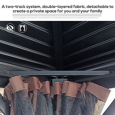 Outsunny 10' x 10' 2 Tier Aluminum Hardtop Patio Gazebo Canopy with Breathable Mesh Netting and Privacy Sidewalls Black and Dark Brown