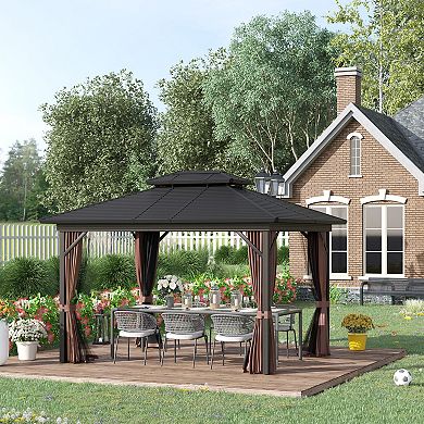 Outsunny 10' x 10' 2 Tier Aluminum Hardtop Patio Gazebo Canopy with Breathable Mesh Netting and Privacy Sidewalls Black and Dark Brown