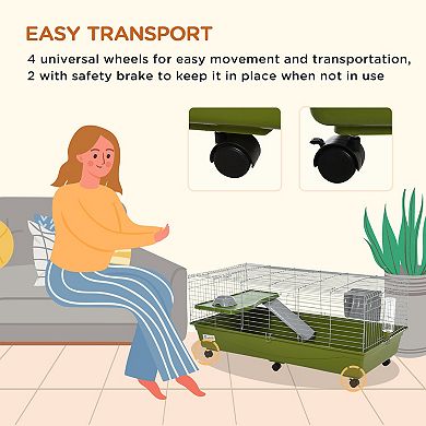 PawHut 47" Small Animal Cage with Wheels, Ramp, Water, Food Dish,