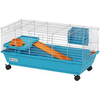 PawHut 47" Small Animal Cage with Wheels, Ramp, Water, Food Dish,