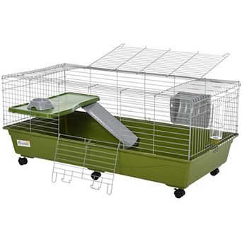 PawHut 35inchL Small Animal Cage, Rolling Bunny Cage, Guinea Pig Cage