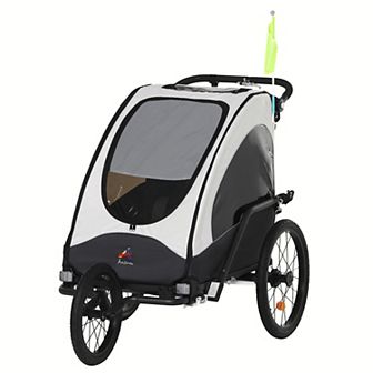 Aosom Child Bike Trailer 3 in Foldable Jogger Stroller Baby Stroller Transport Carrier with Shock Absorber System Rubber Tires Adjustable Handlebar Kid Bicycle Trailer Red and Grey