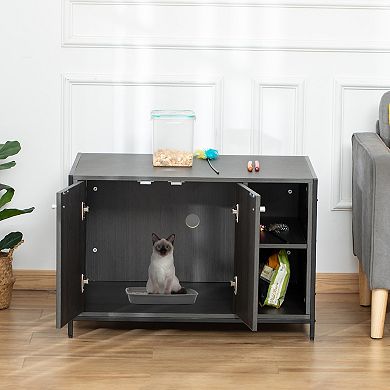 PawHut Wooden Cat Litter Box Enclosure Multipurpose Anti Tracking Pet Kitten House Indoor End Table with Double Doors and Storage Shelves Black