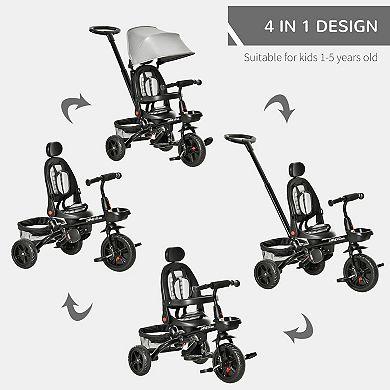 Qaba Baby Tricycle 4 In 1 Stroller w/ Reversible Angle Adjustable Seat Removable Handle Canopy Handrail Belt Storage Footrest Brake Clutch for 1 5 Years Old Grey