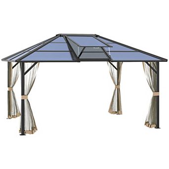 Hardtop Gazebo Aluminum Frame Pergola With Netting And Window, Grey