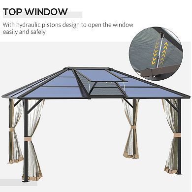 Hardtop Gazebo Aluminum Frame Pergola With Netting And Window, Grey