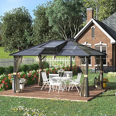 Hardtop Gazebo Aluminum Frame Pergola With Netting And Window, Grey