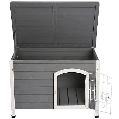 Wooden Dog Cage Kennel Lockable Door Small Animal House W/ Openable Top Gray