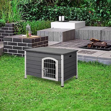 Wooden Dog Cage Kennel Lockable Door Small Animal House W/ Openable Top Gray