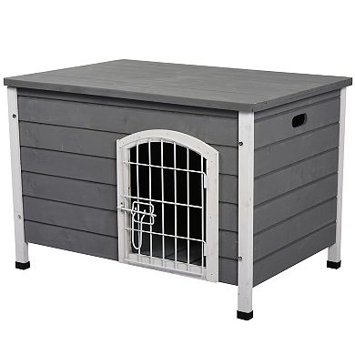Wooden Dog Cage Kennel Lockable Door Small Animal House W/ Openable Top Gray