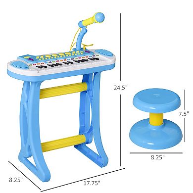 Qaba Kids Toy Keyboard Piano Toddler Electronic Instrument with Stool Microphone and Bright Flashlight for Children Birth Gift Blue