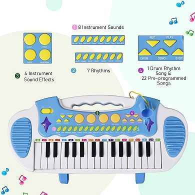 Qaba Kids Toy Keyboard Piano Toddler Electronic Instrument with Stool Microphone and Bright Flashlight for Children Birth Gift Blue