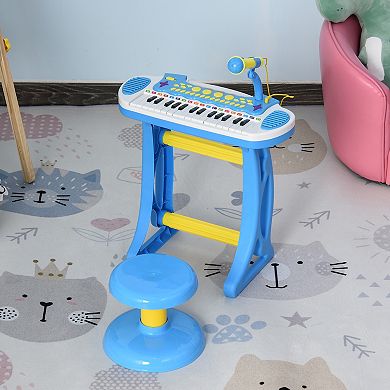 Qaba Kids Toy Keyboard Piano Toddler Electronic Instrument with Stool Microphone and Bright Flashlight for Children Birth Gift Blue