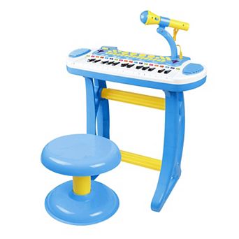 Qaba Kids Toy Keyboard Piano Toddler Electronic Instrument with Stool Microphone and Bright Flashlight for Children Birth Gift Blue