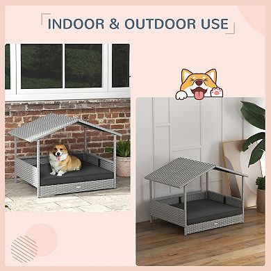 PawHut Wicker Dog House Raised Rattan Bed for Indoor/Outdoor with Cushion Lounge Cream