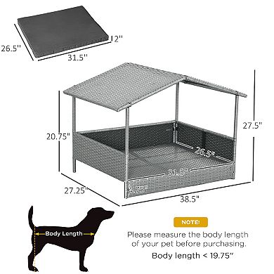 Elevated Wicker Dog House, Raised Rattan Pet Bed Cabana W/ Cushion, Canopy White