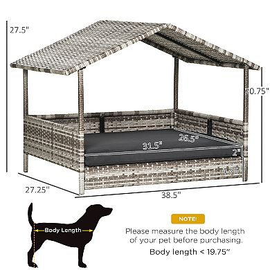 Elevated Wicker Dog House, Raised Rattan Pet Bed Cabana W/ Cushion, Canopy White
