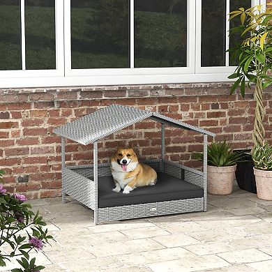 Elevated Wicker Dog House, Raised Rattan Pet Bed Cabana W/ Cushion, Canopy White