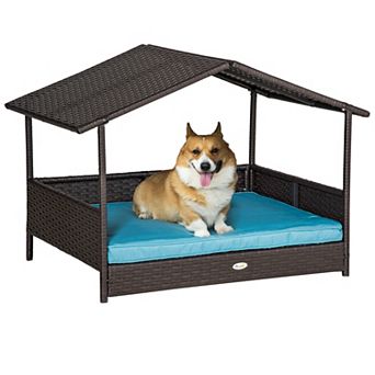 PawHut Wicker Dog House Raised Rattan Bed for Indoor/Outdoor with Cushion Lounge Cream