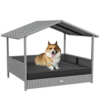 PawHut Wicker Dog House Raised Rattan Bed for Indoor/Outdoor with Cushion Lounge Cream