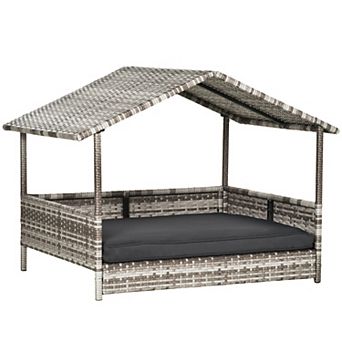 PawHut Wicker Dog House Raised Rattan Bed for Indoor/Outdoor with Cushion Lounge Cream