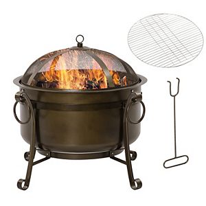 Outsunny 30 Inch Outdoor Fire Pit Round Wood Burning Patio Firepit with Cooking BBQ Grill Spark Screen Poker for Backyard Bonfire - 1